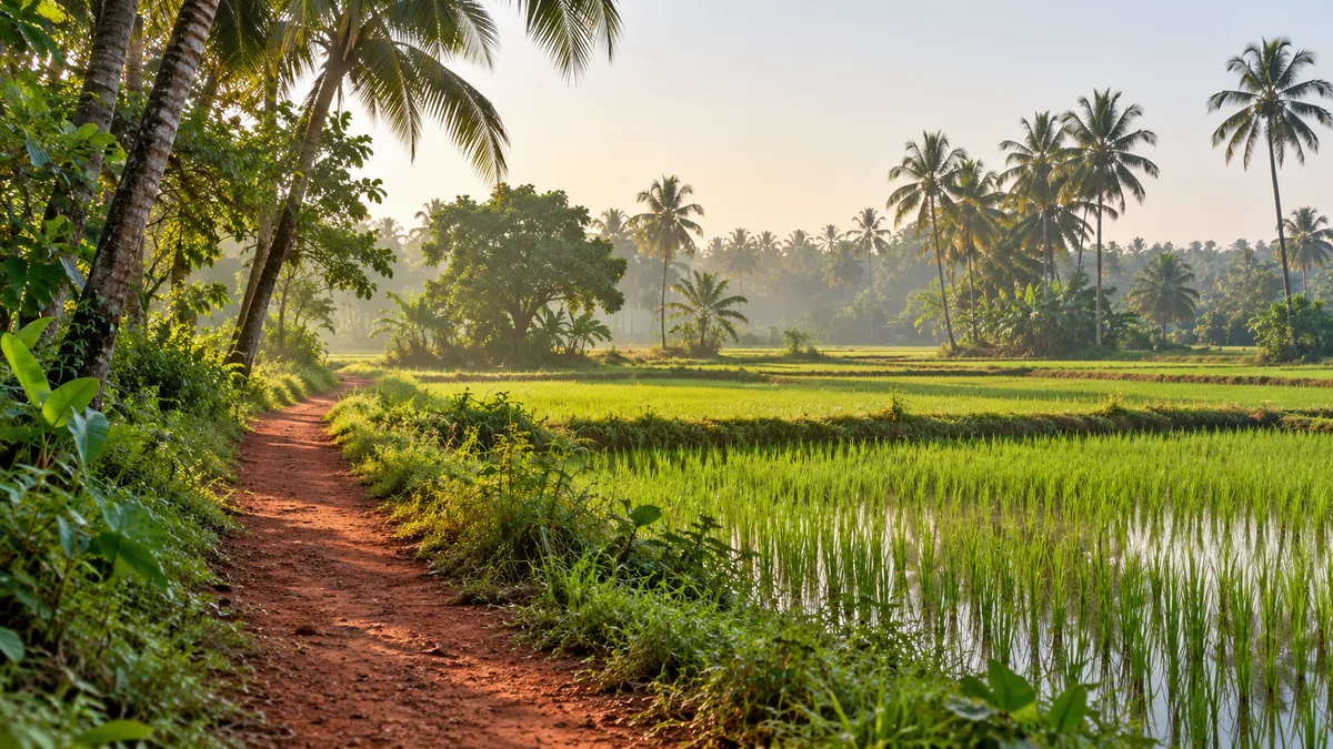 Illustrative palm-lined path beside green Goan countryside fields