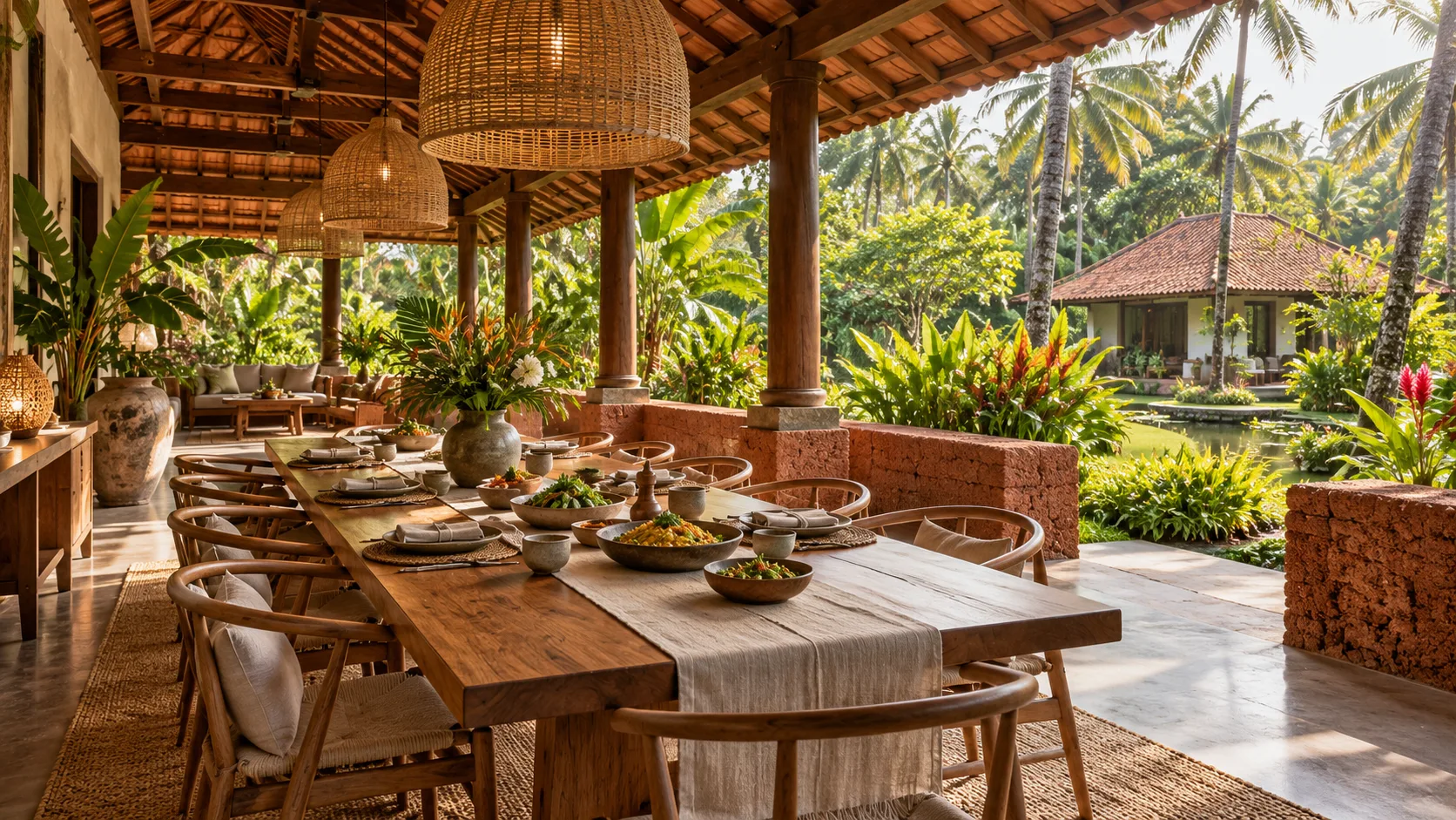 Concept for an open-air dining pavilion with laterite walls, rattan lamps and tropical gardens