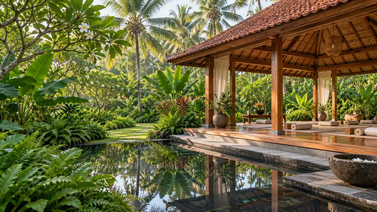 Concept for a garden yoga pavilion beside still water and lush tropical planting